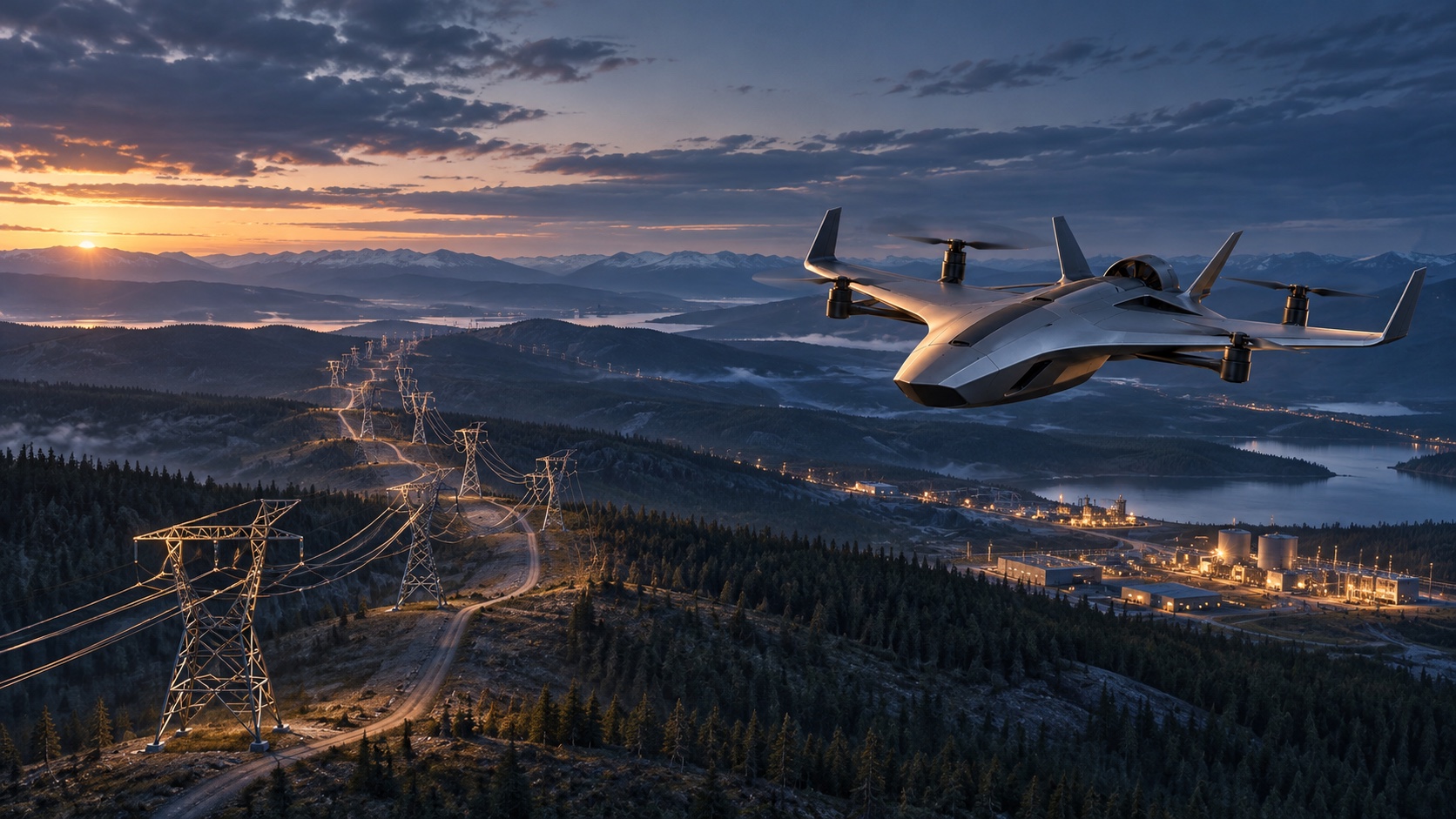 Aircraft above a utility corridor and remote facilities