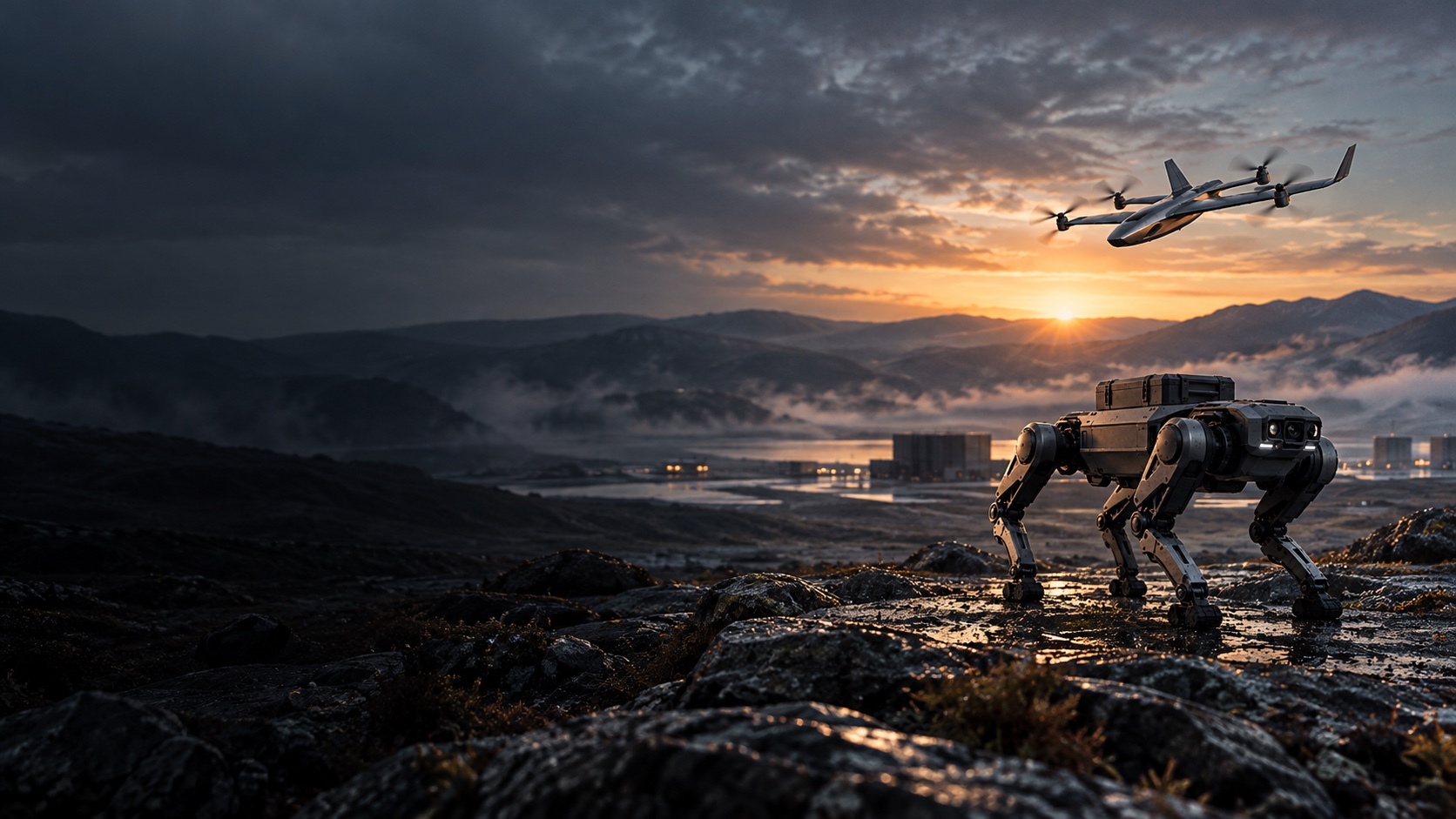 Hybrid-wing aircraft and quadruped robot in a remote field setting