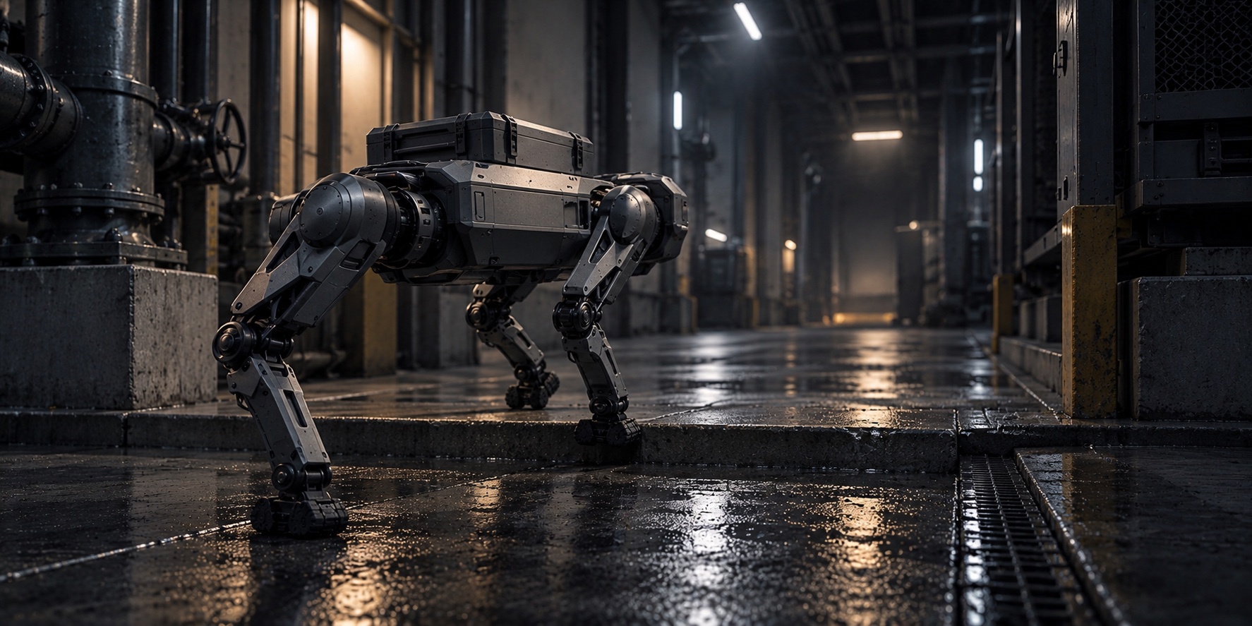 Quadruped robot in an industrial corridor